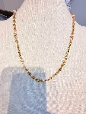 Gold Tone Faux Pearl Station Necklace 23”